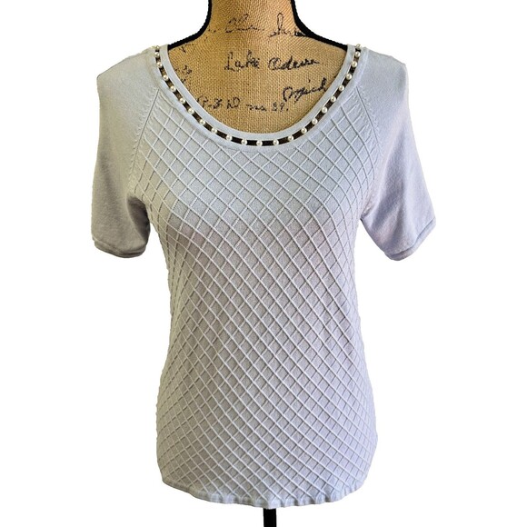 Leo & Ugo Women's Light Blue Textured Short Sleeve Pearl Neckline Sweater Sz M - Picture 1 of 16